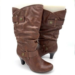 ANA Brown Slouchy Vegan Leather Heeled Pull On Boots